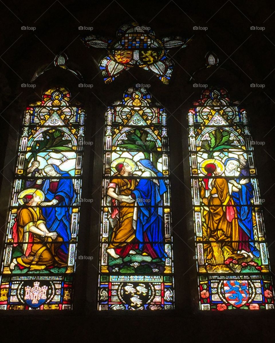 Stained glass window depicting Mary and St Elizabeth from Selby Abbey in Yorkshire
