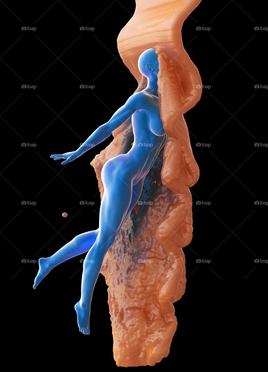 Slim attractive sportswoman flying into the chocolate stream against a black background. 3d illustration