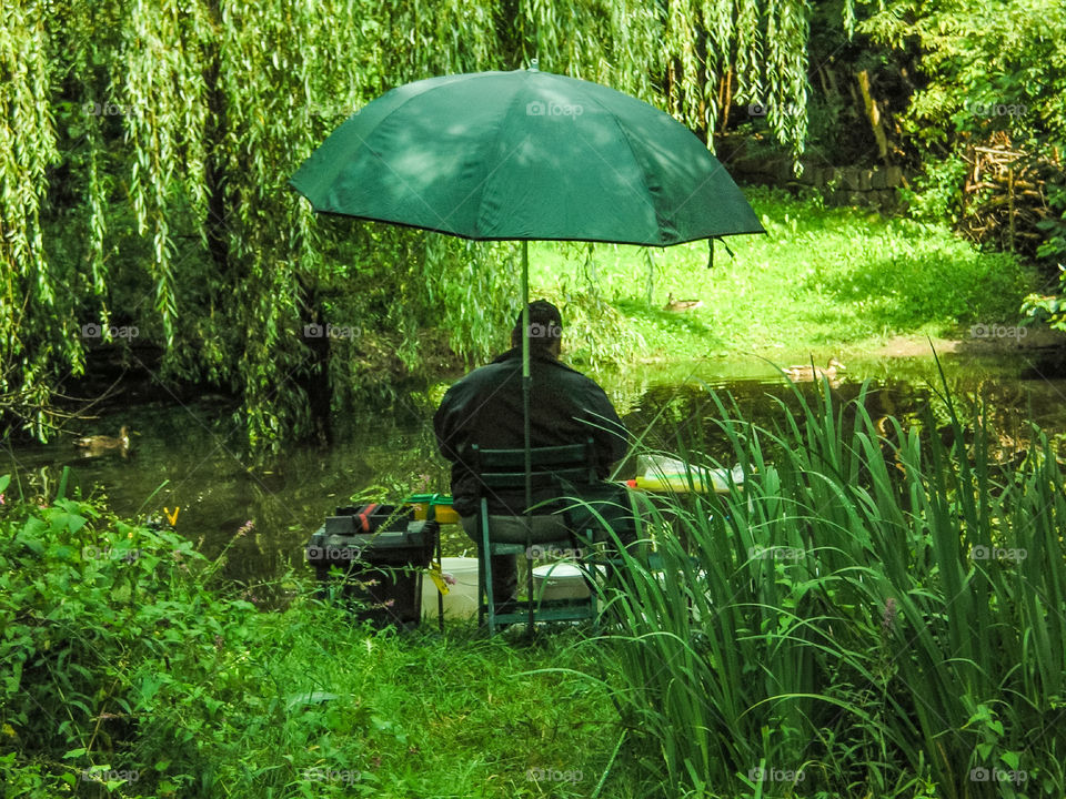Ein Angler sitzt unter einem grünen Sonnenschirm in einer grünen Landschaft