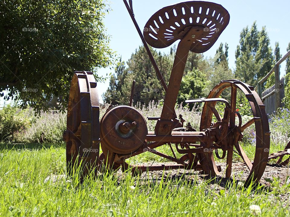 A rusted old field plow being used as an ornamental garden decoration in Central Oregon on a sunny summer day. 