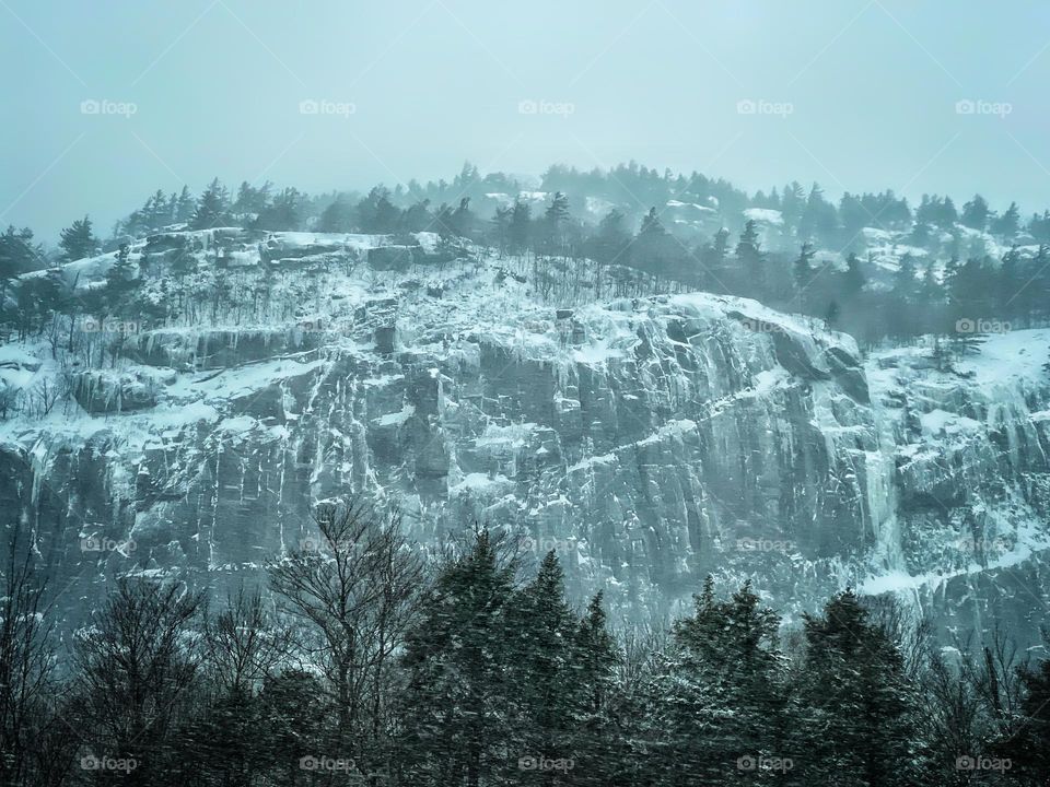 Adirondack park snowy mountain and evergreen trees