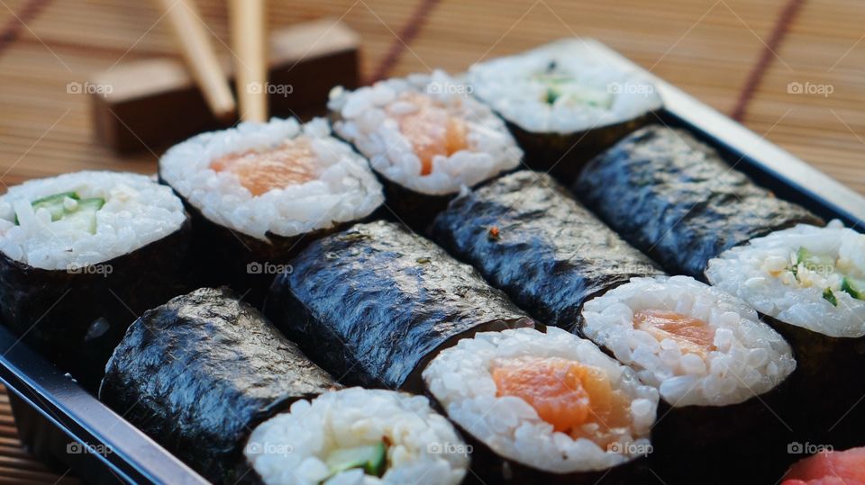 Close-up of sushi in tray