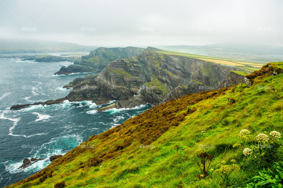 Amazing scenery at the Kerry Cliffs offering spectacular views of the Skellig Islands and Puffin Island, over 1,000 feet (305 meters) high, County Kerry, Ireland. The Cliffs are well known tourist attraction