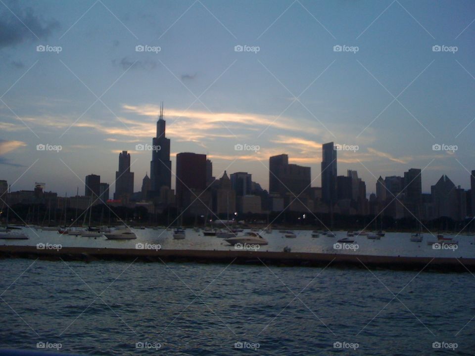 Chicago skyline at Sunset