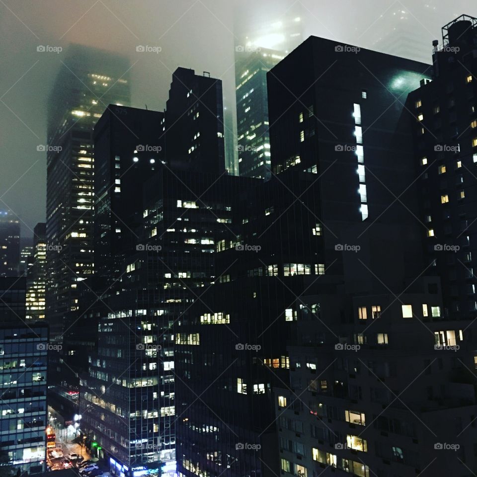 New York City skyline at night.