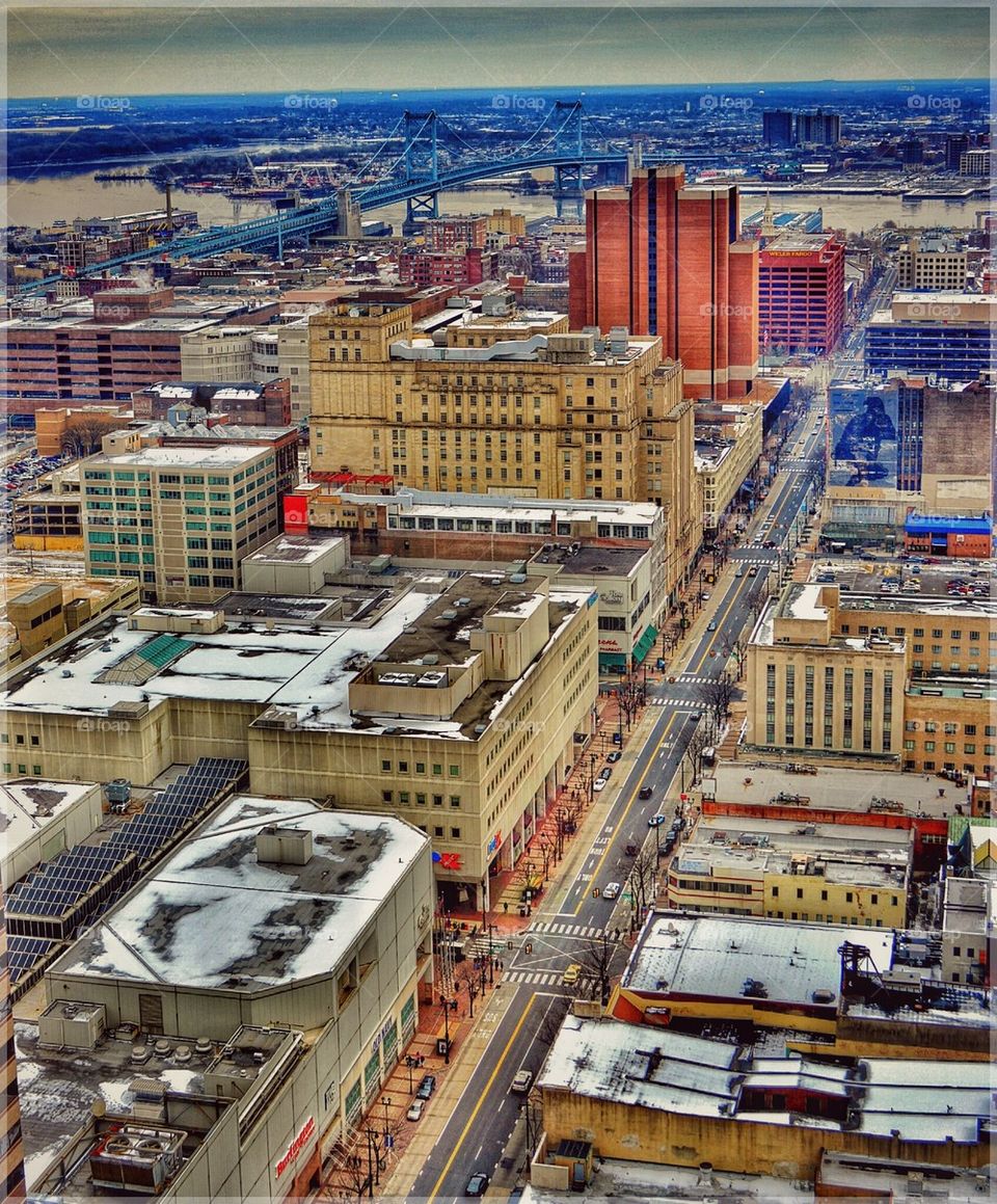 Philadelphia's skyline from the top floor of the Loews Hotel