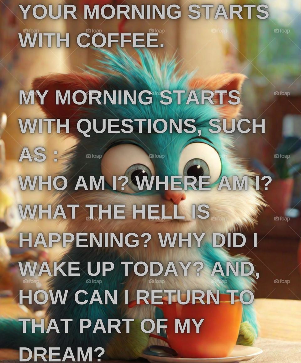 Your morning starts with coffee.
My morning starts with questions, such as :
Who am I? Where am I? WHAT THE HELL IS HAPPENING? Why did I wake up today? And, how can I return to that part of my dream?