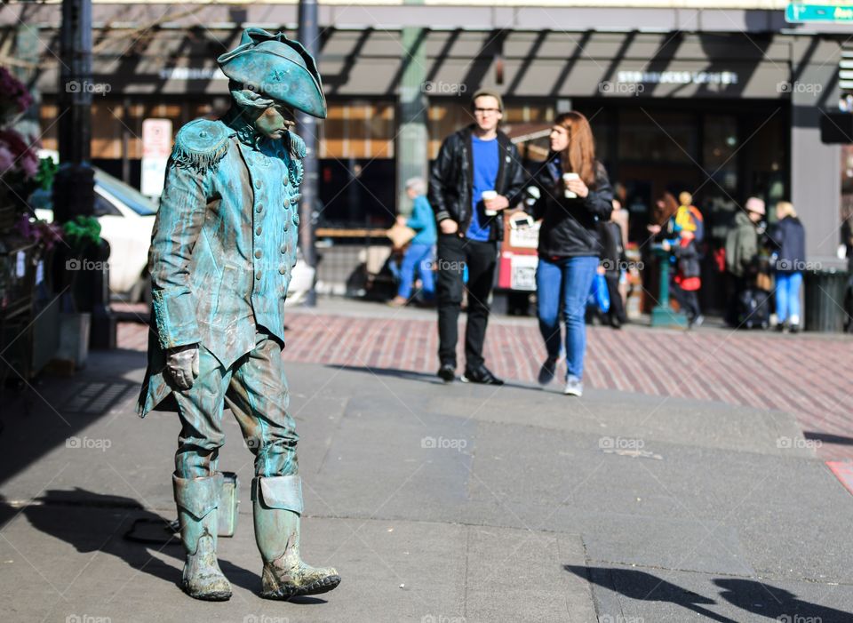 Street performer act like an old statue in Seattle Washington USA 