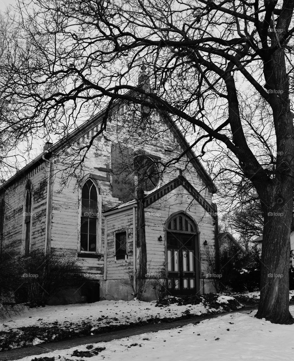 Abandoned church on a winter day