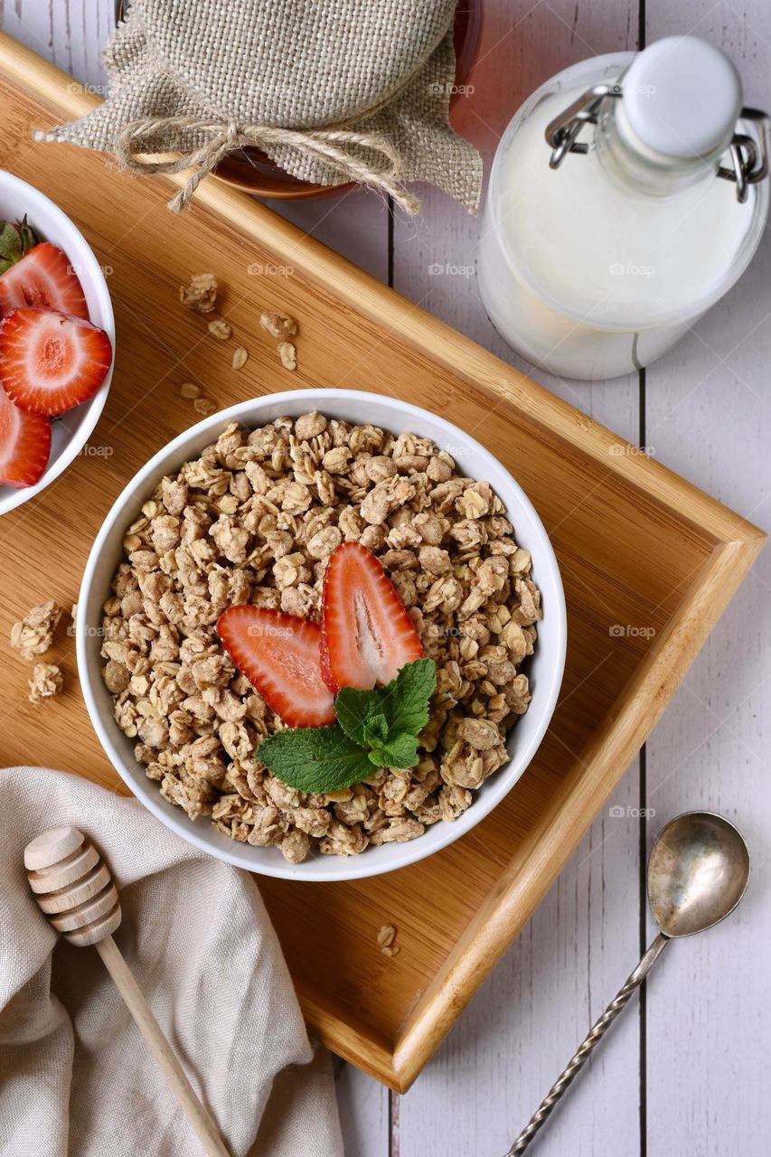 Granola with strawberries healthy breakfast 