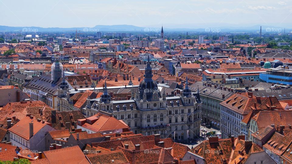 View on the town hall from the castle hill in Austrian city Graz