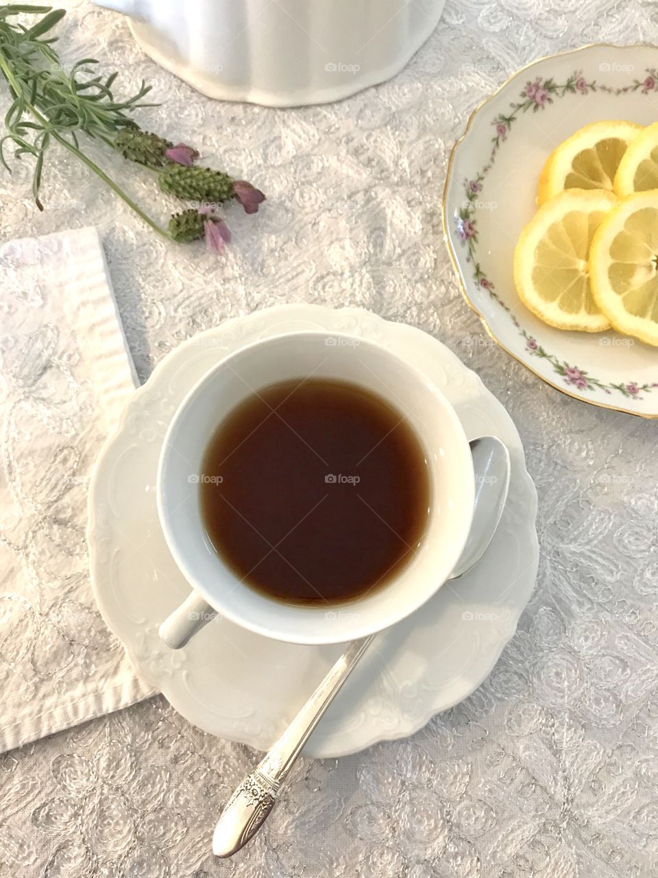 View of tea cup on table