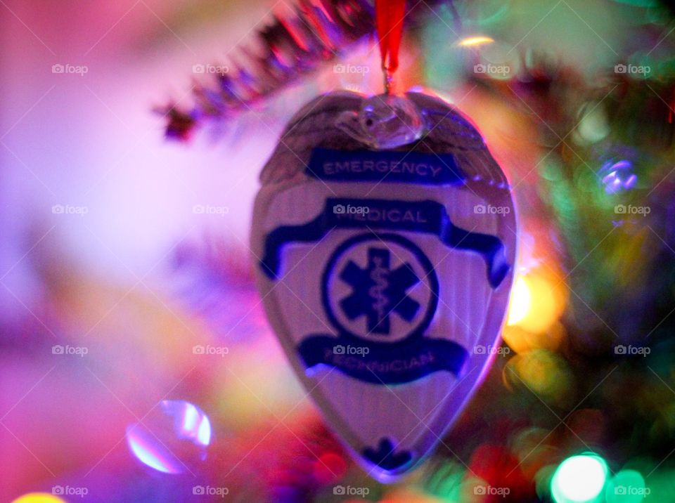 EMS ornament on a Christmas tree to celebrate those in service. 