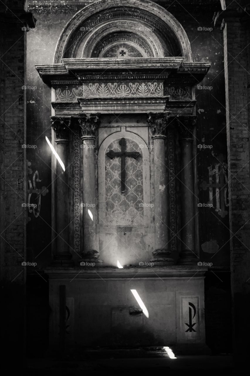 Abandoned church in black and white