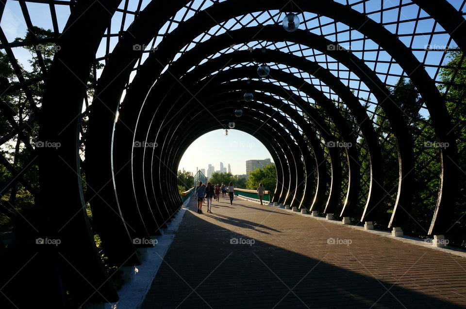 Wooden tunnel bridge in the park