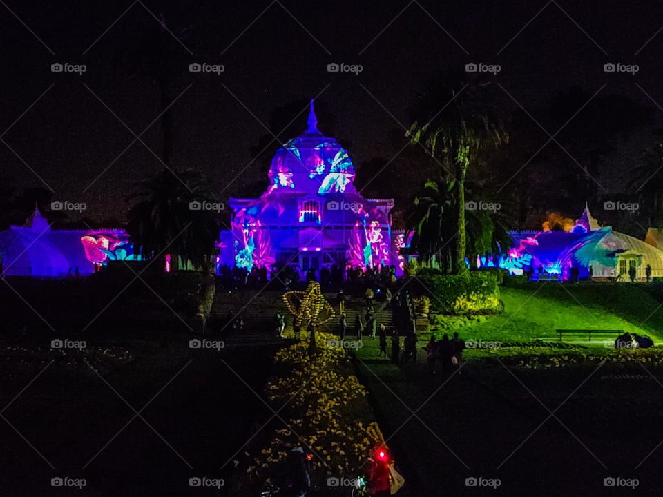 Nighttime illuminating light show in Golden Gate Park in San Francisco California at the Conservatory of Flowers 