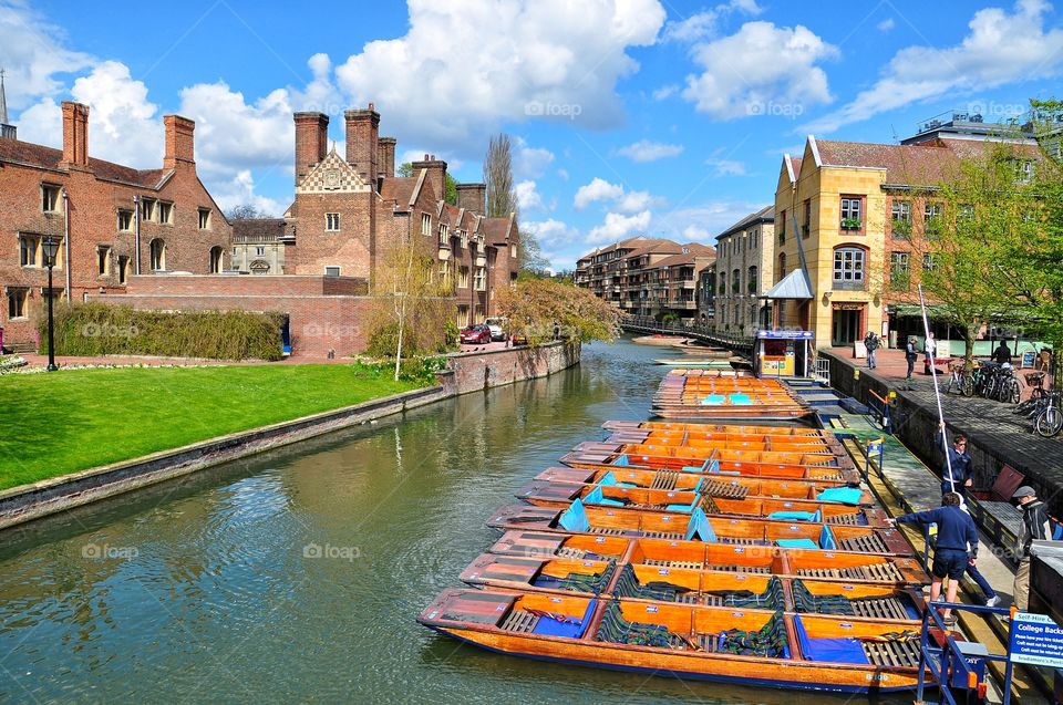 orange punting boats in cambridge