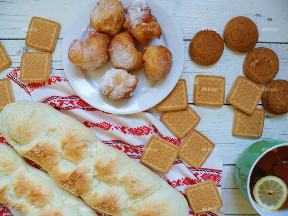 Home baked breads, muffins, cookies and a cup of tea