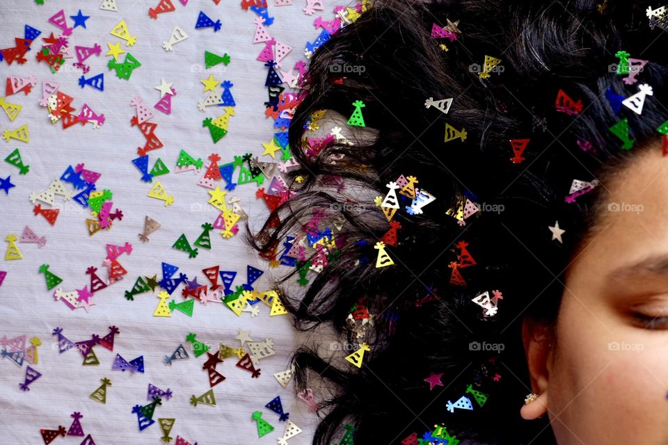 Woman’s Hair With Confetti, Party Girl, Confetti All Over, Colorful Confetti 