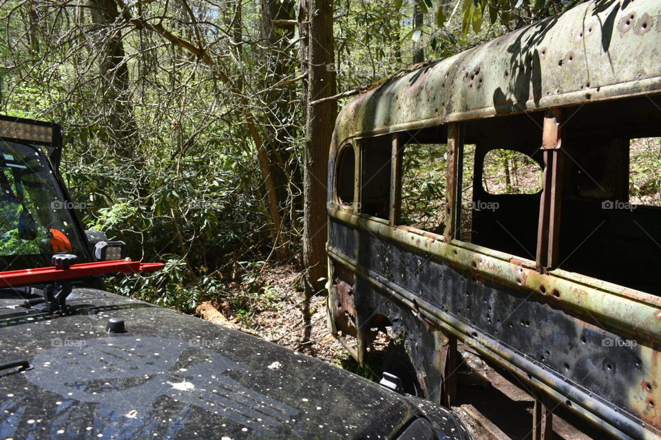 old school bus way in mountains off dirt trail