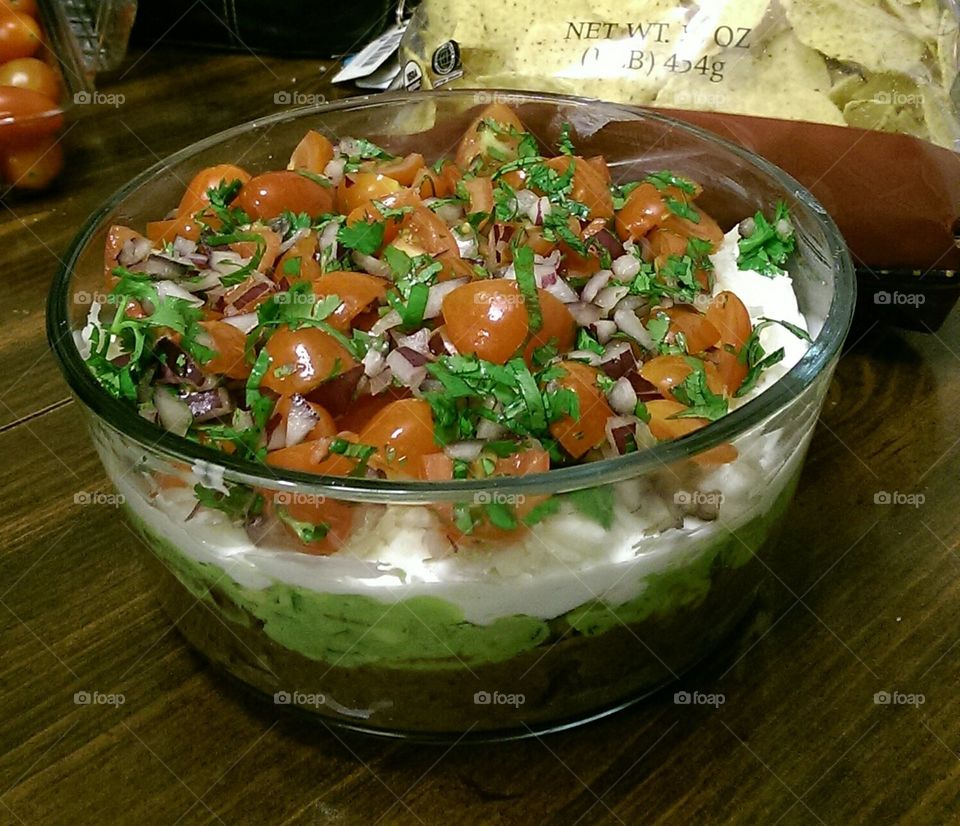 Five layer dip. Homemade eats for gathering with friends