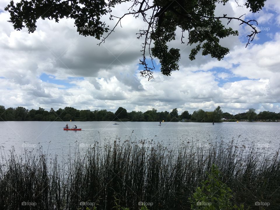 People rowing on lake through the trees