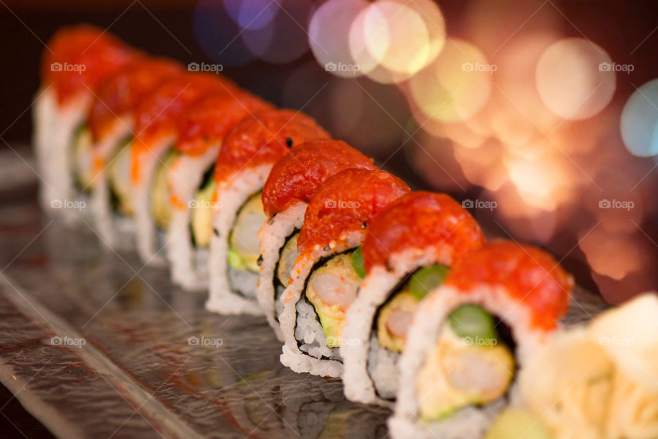 Tuna, shrimp tempura, avocado and asparagus roll