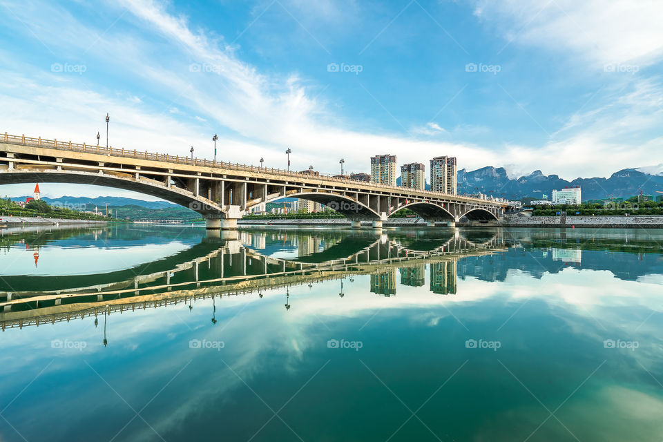 Reflection of River Bridge at Zhangjiajie, China