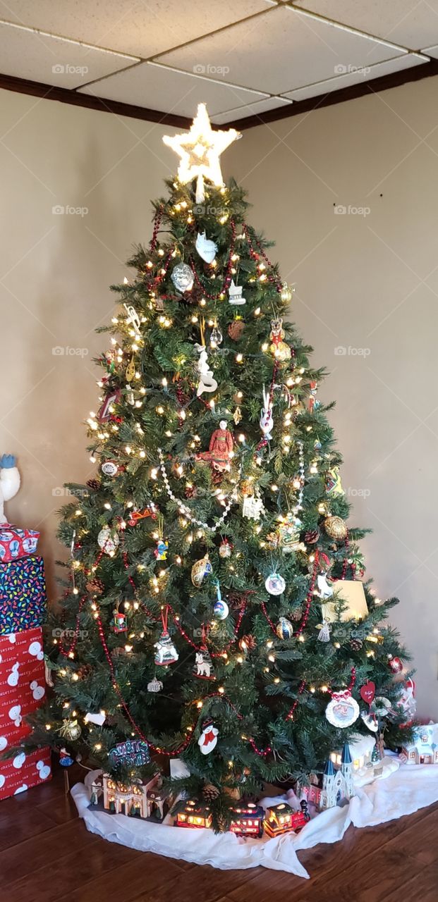 Christmas Tree with white lights & ornaments, old and new🎄