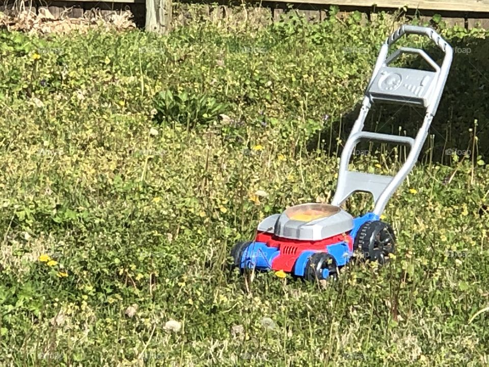 Toy lawn mower in weeds