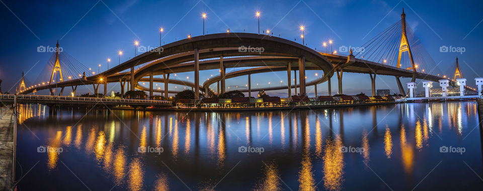 Beautiful panorama scene of the Bhumibol landmark bridge in twilight moment at Bangkok Thailand