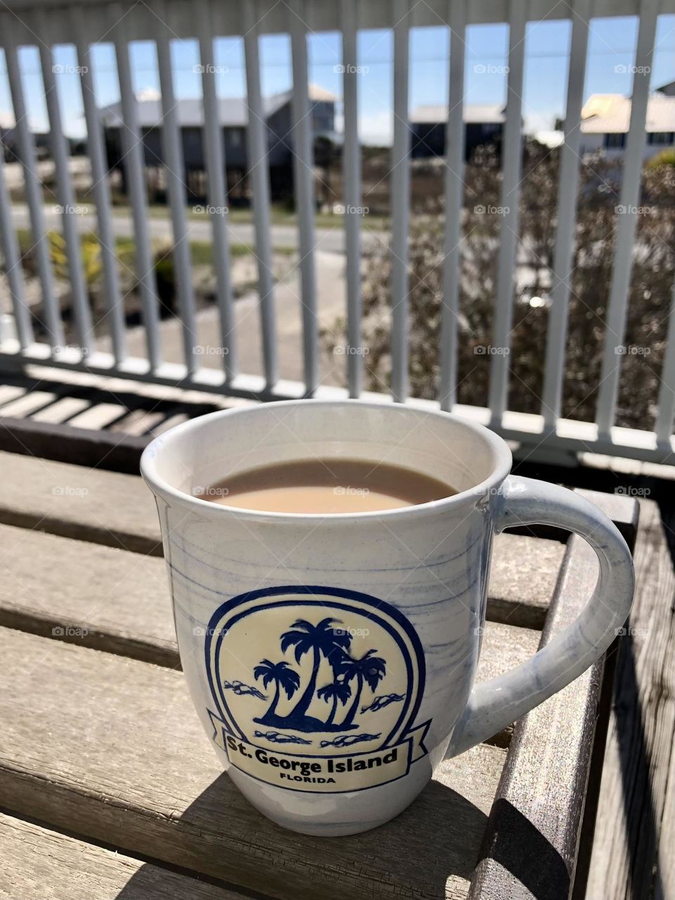 Early morning cup of tea from beach house balcony on St. George Island Florida mini vacation relaxation salt air peaceful