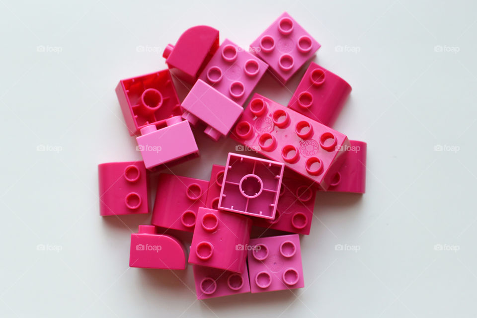 High angle view of pink lego blocks