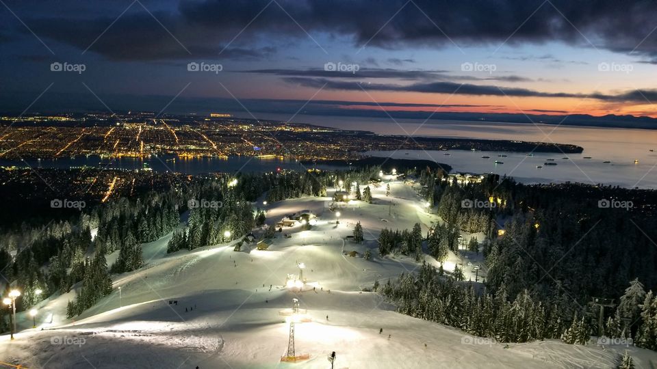 Vancouver City at Twilight from Grouse Mountain ski resort