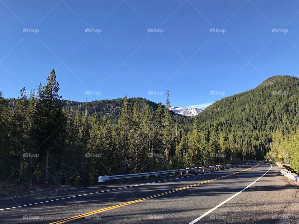 The Cascades Lakes Highway in the forests of Central Oregon with the snow covered South Sister in the background on a sunny fall day. 