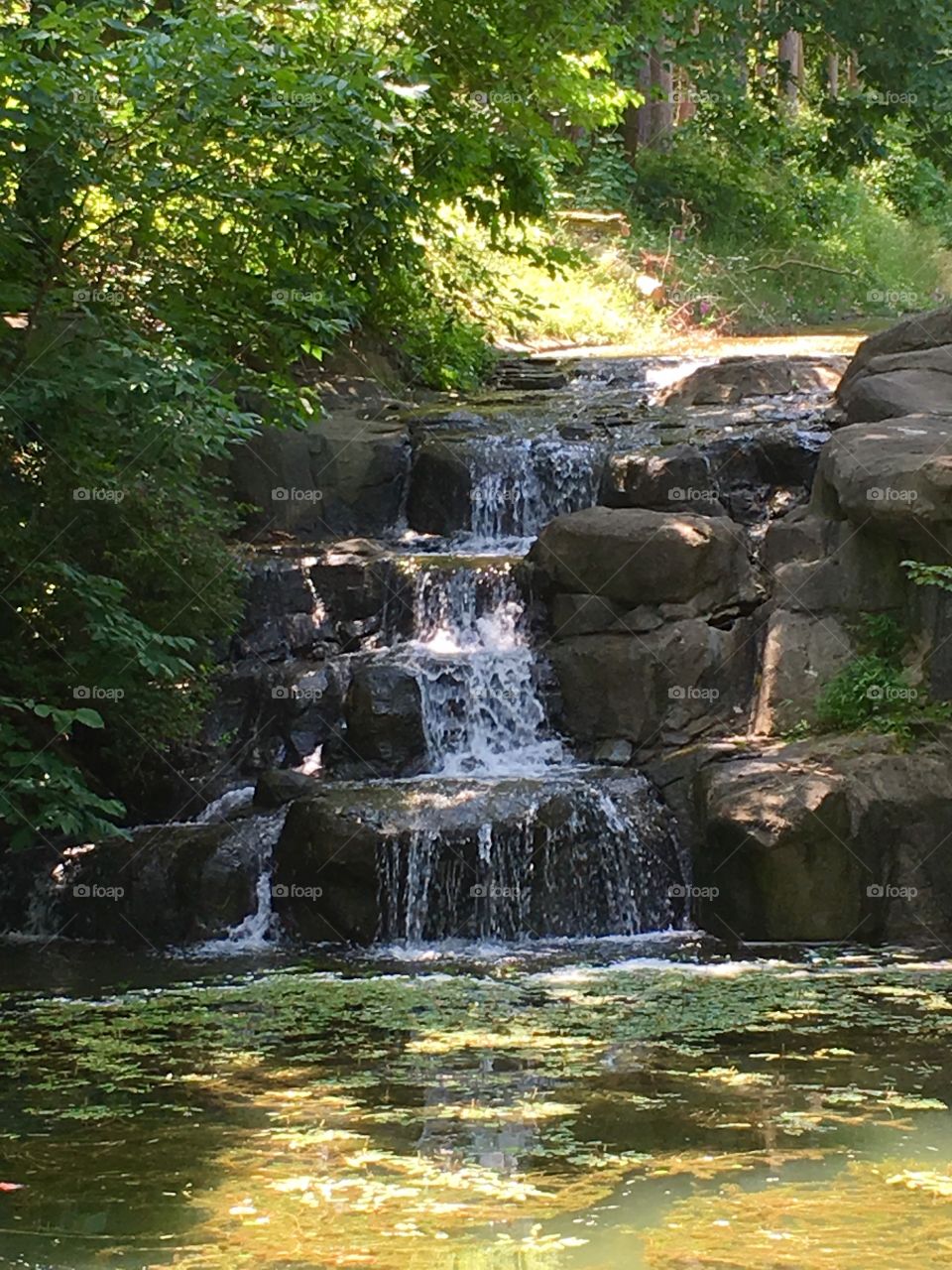 Sparkling refreshing waterfall in lush park
