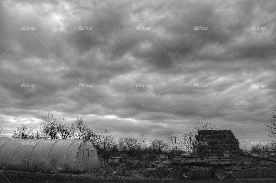 Barn, No Person, Sunset, Monochrome, Storm