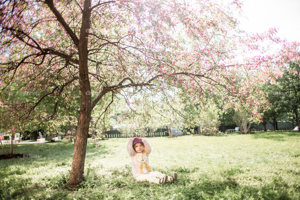 Cute Little girl in a blossom park