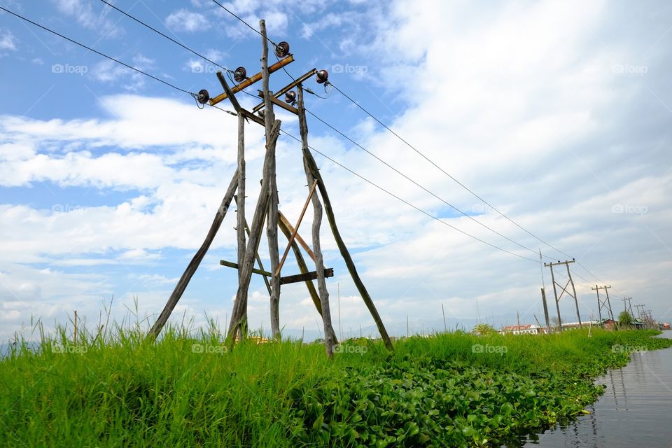 Electric lines on inle lake, myanmar