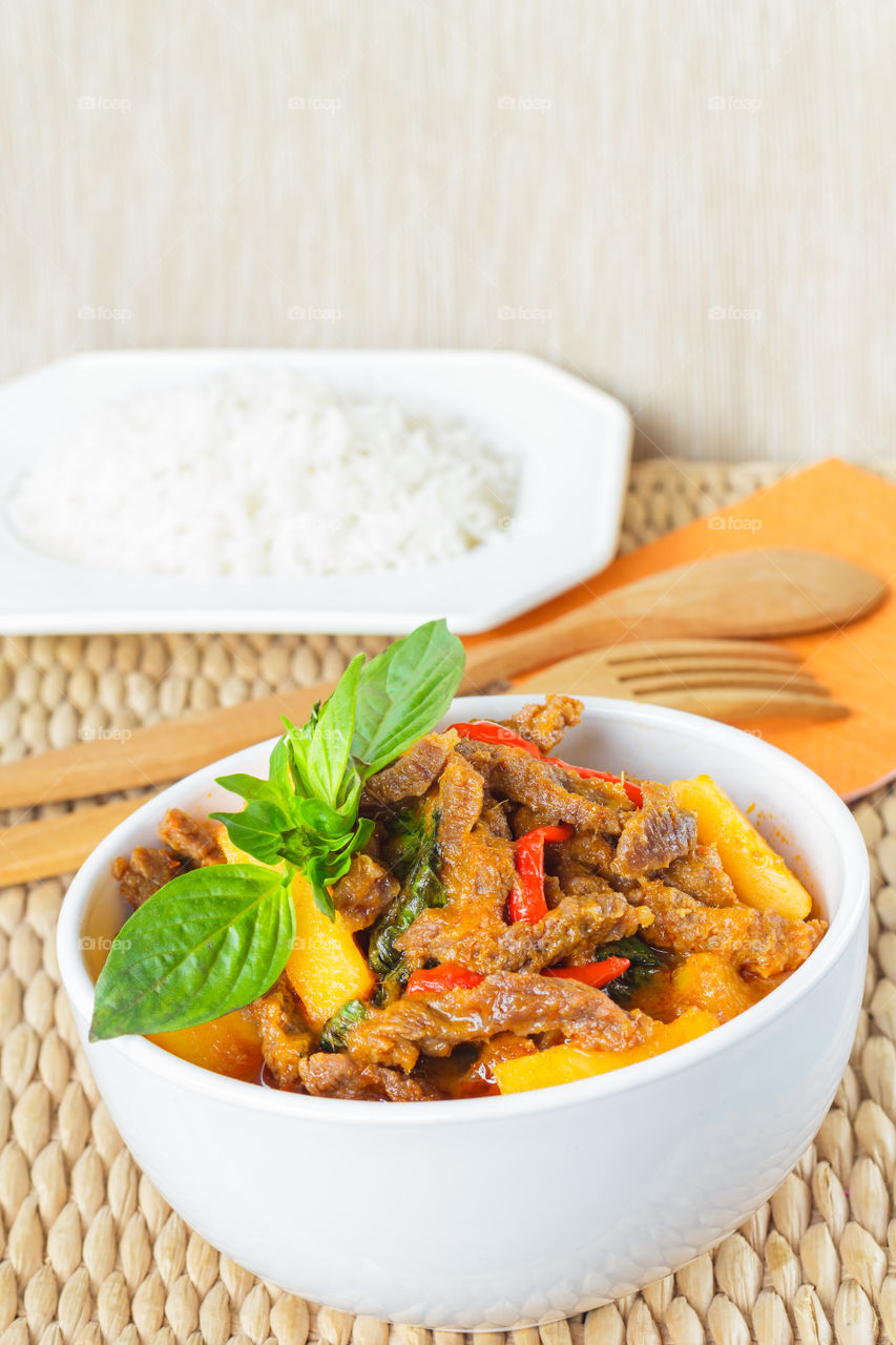 Thai red curry. Home cooking, Thai red curry with beef and steamed rice