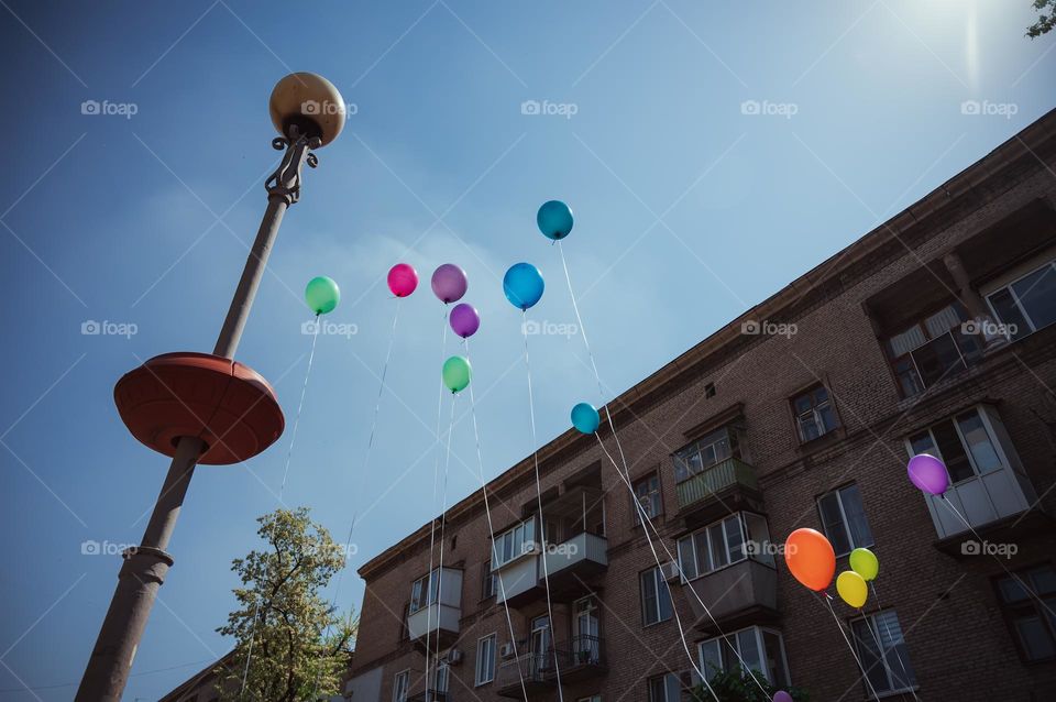 A group of brightly colored balloons soaring high in the sky, drifting past houses and into the clouds