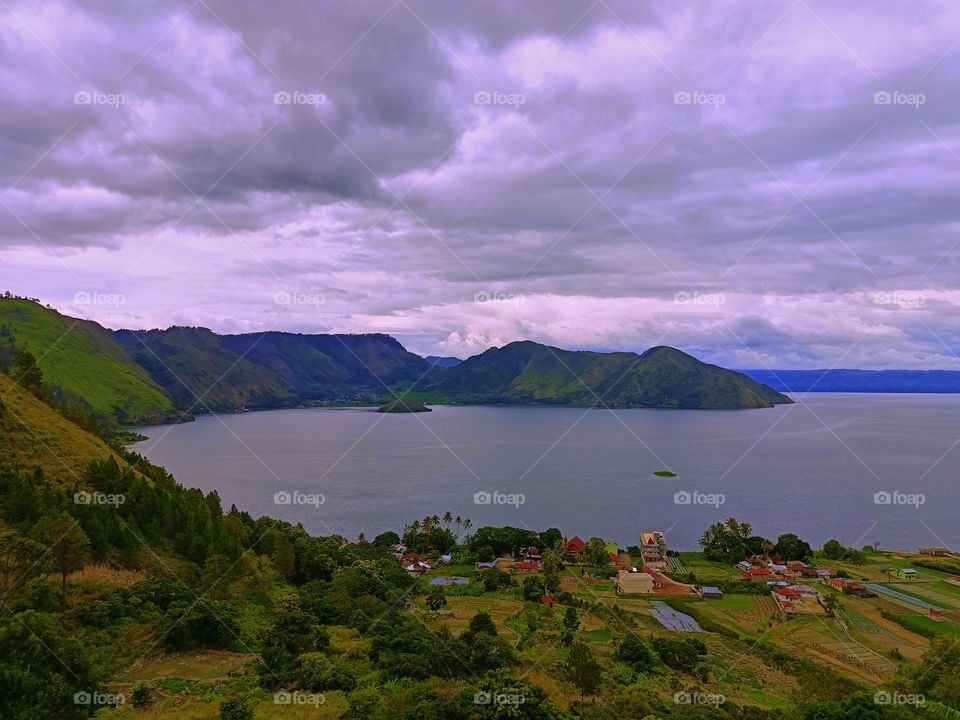 Panorama of Lake Toba from the village of Bakkara, Indonesia