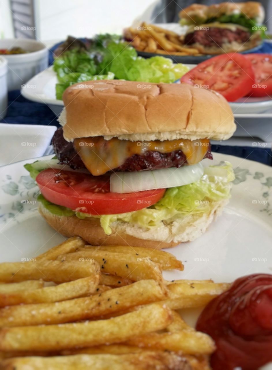 Cheese Hamburger with tomato onion lettuce bun fries ketchup on a plate