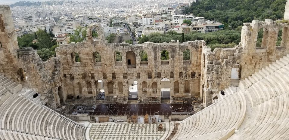 View from above, looking down to the Odeon of Herodes Atticus theatre, famous ruins in Athens, Greece, Europe.