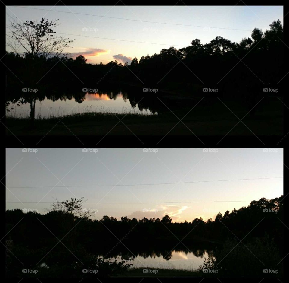 Beautiful sunset lake sky double the scene