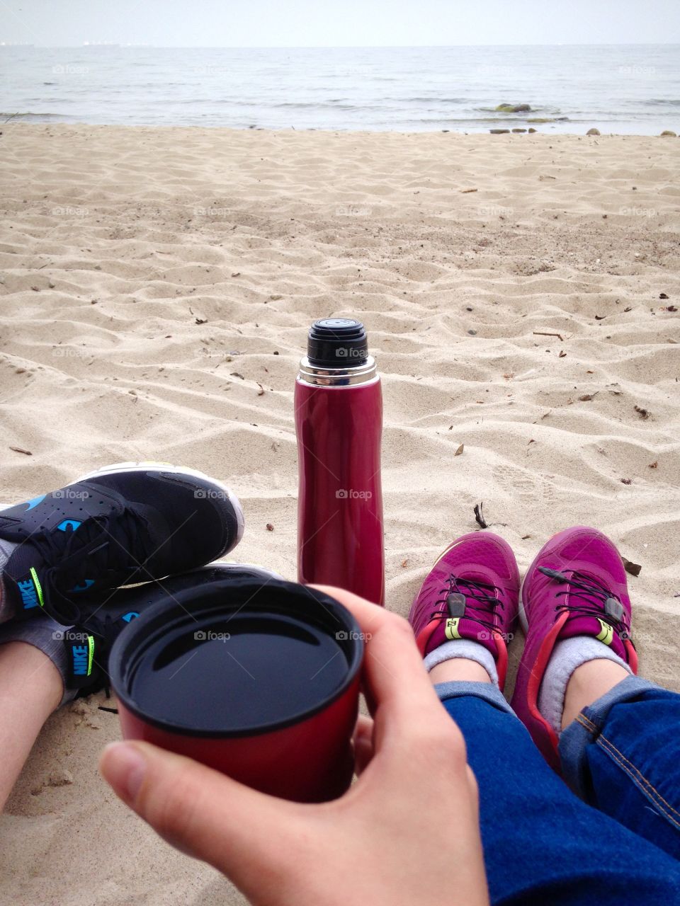 Drinking tea at the Baltic Sea coast in Poland 