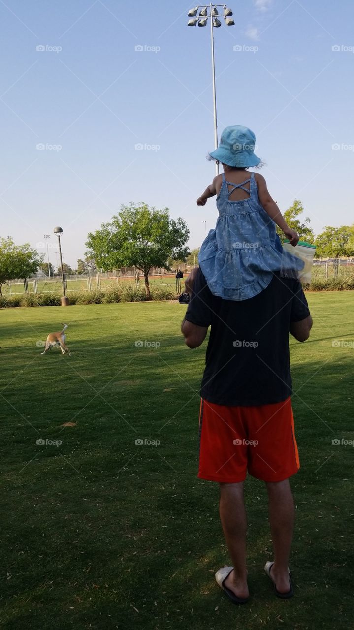 Dad. Daughter and Dog at the dog park! pick me up Dad, up high is where I want to be so I can see all the dogs.