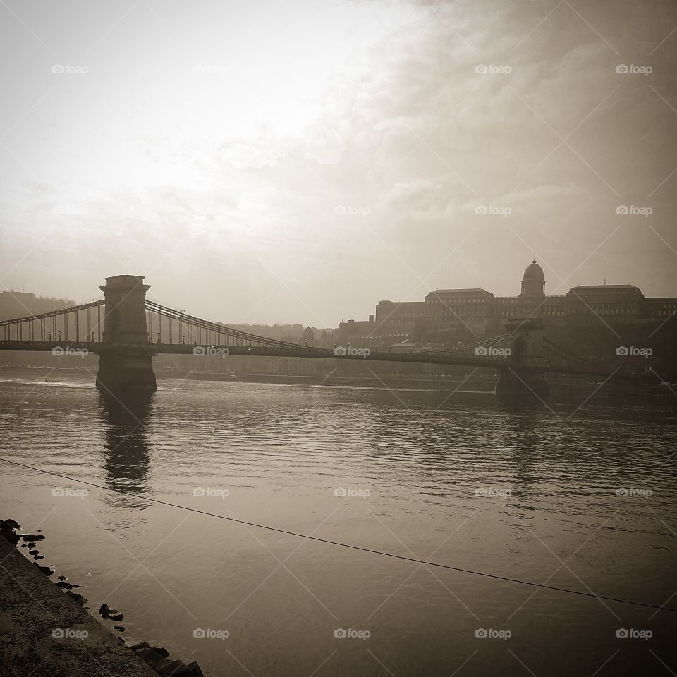 B&W Budapest, Hungary. Chain Bridge over Danube River from Pest, looking towards Buda