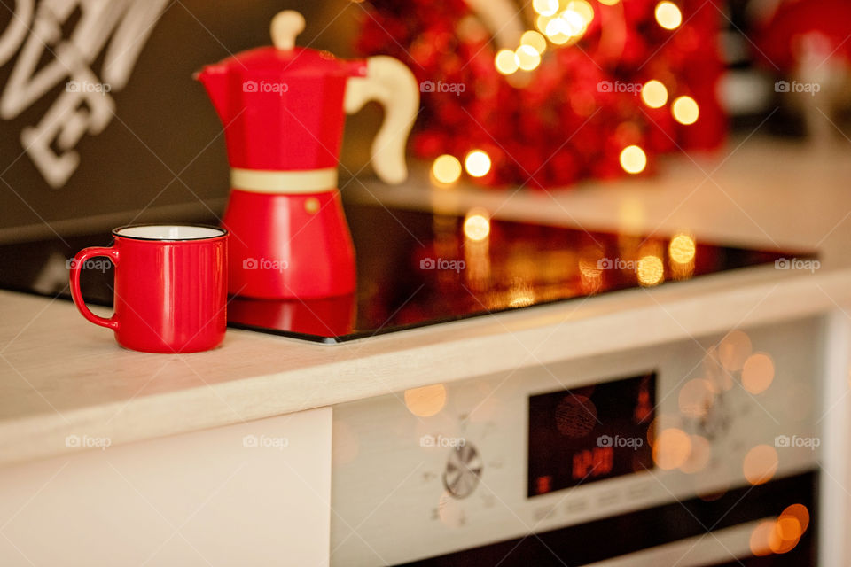 cup of coffee in a cozy festive Christmas atmosphere