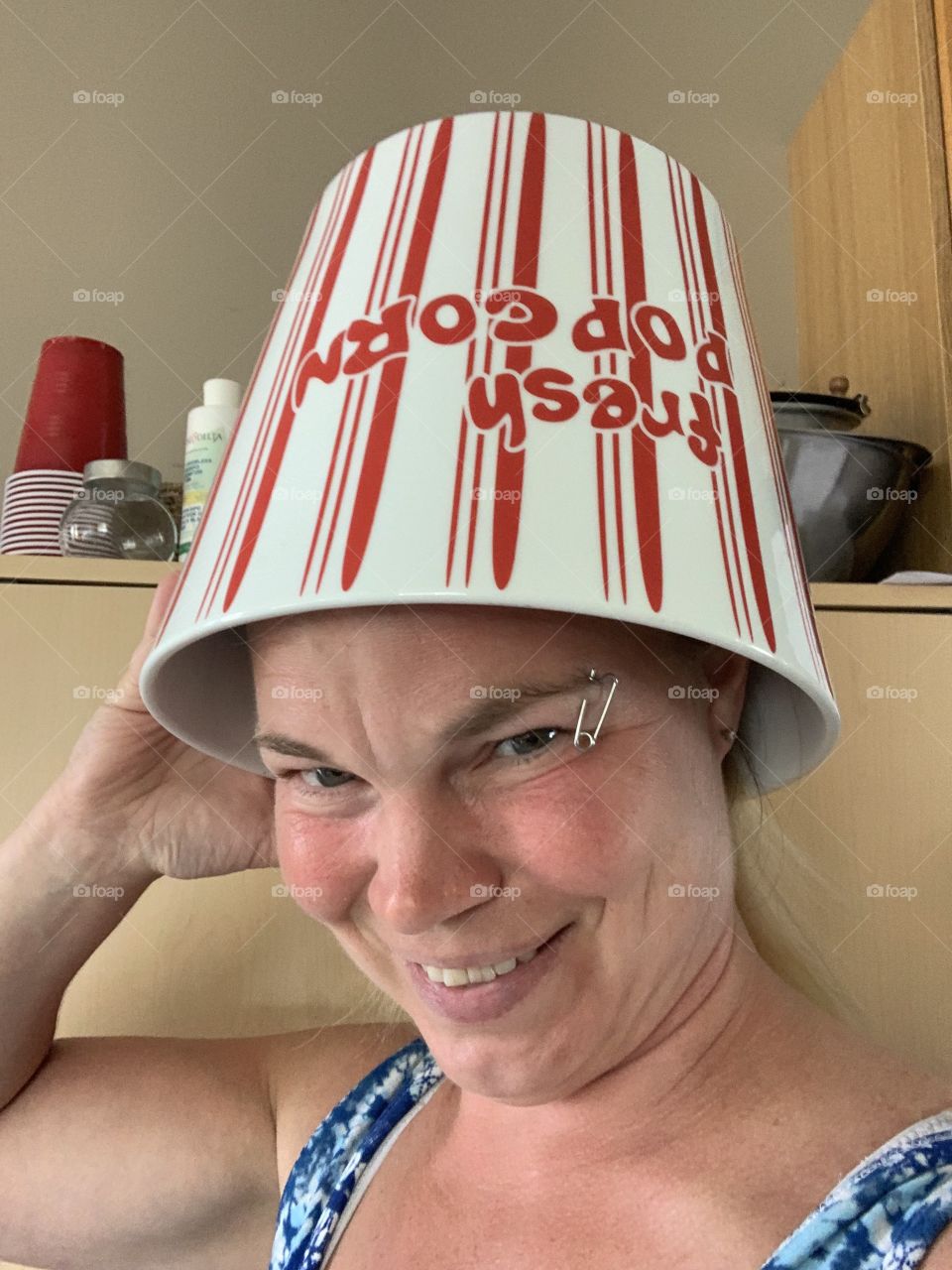 Popcorn bucket on the head for fun 